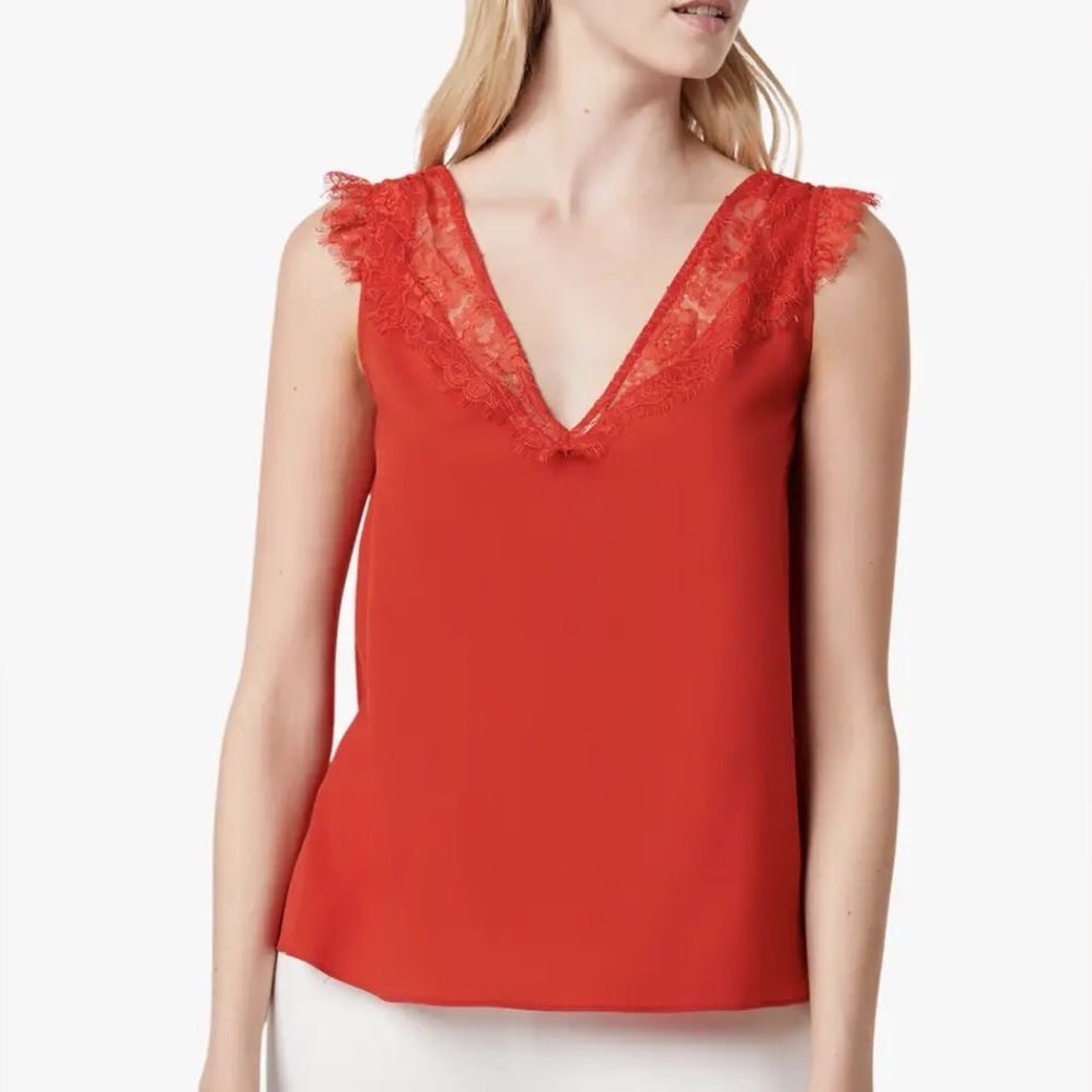 French Connection Chioma V-Neck Lace-Trim Top in Red size Medium EUC holiday